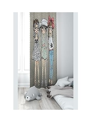 Pelangi 3 Kız Desenli Dijital Baskı Yıkanabilir Bebek Çocuk Odası Fon Perdesi, Gri-Renkli 70 x 200