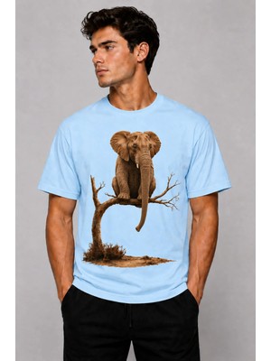 Vodexa Erkek Oversize T-Shirt Oturan Fil Baskılı %100 Pamuk Tişört Rahat Kalıp