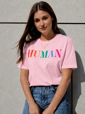 Vodexa Kadın Oversize T-Shirt Human Baskılı %100 Pamuk Tişört Rahat Kalıp