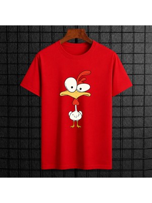 Vodexa Kadın Oversize T-Shirt Tavuk Baskılı %100 Pamuk Tişört Rahat Kalıp