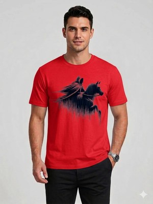 Vodexa Ünisex Oversize T-Shirt Gölge Atlı Baskılı %100 Pamuk Tişört Rahat Kalıp