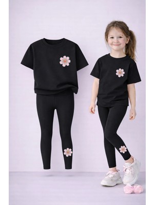 Vodexa Anne Kız Kombin Tayt-T-Shirt Takım %100 Pamuk Baskılı Esnek Rahat Günlük Spor Kombin