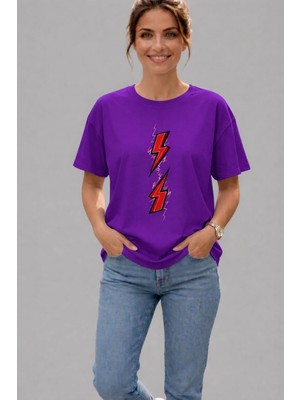 Vodexa Kadın Oversize T-Shirt Voltaj Baskılı %100 Pamuk Tişört Rahat Kalıp