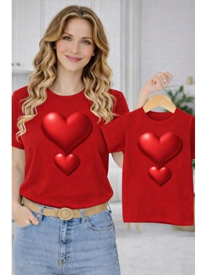 Vodexa Anne Ünisex Çocuk Kombin Oversize Tişört Twin T-Shirt Çift Kalp Baskılı
