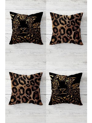 Pelangi Gold Leopar ve Kaplan Desen Gizli Fermuarlı Kırlent Kılıfı Koltuk Yastık Kılıfı TAKIM(4ADET), Gold-Siyah 45 x 45