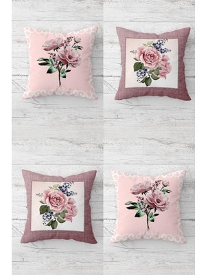 Pelangi Gül ve Karanfil Desenli Gizli Fermuarlı Kırlent Kılıfı Koltuk Yastık Kılıfı TAKIM(4ADET), Pembe-Yavruağzı 45 x 45
