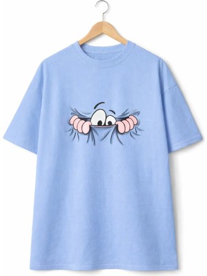 Vodexa Ünisex Oversize T-Shirt Gözler Baskılı %100 Pamuk Tişört Rahat Kalıp