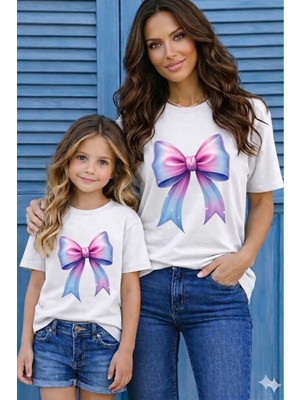 Vodexa Anne Kız Ünisex Çocuk Kombin Oversize Tişört Twin T-Shirt Pembe Kurdela Baskılı