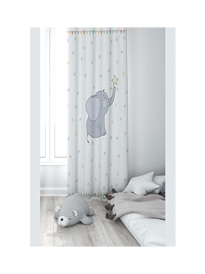 Pelangi Beyaz Fil Desenli Dijital Baskı Yıkanabilir Bebek Çocuk Odası Fon Perdesi, Beyaz-Gri 70 x 240