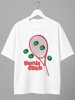 Vodexa Unisex Oversize Tennis Baskılı T-Shirt %100 Pamuk Tenis Temalı Rahat Kalıp Kısa Kollu Tişört