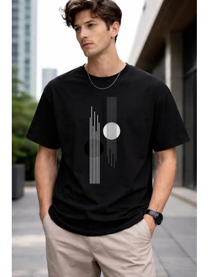 Vodexa Erkek Oversize T-Shirt Dik Çizgiler Baskılı %100 Pamuk Tişört Rahat Kalıp
