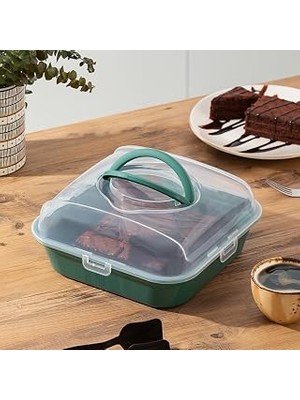 Porsima 1095 Yeşil Pasta Kek Börek Kabı - Taşıma Çantası - Kilitli Fanus