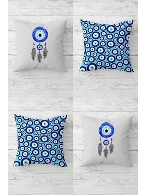 Pelangi Naza Boncuğu Dream Catcher Nazarlık Gizli Fermuarlı Kırlent Kılıfı Koltuk Yastık Kılıfı TAKIM(4ADET), Mavi - Açık Gri 45 x 45