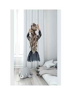 Pelangi Taç Giyen Prensen Desenli Dijital Baskı Yıkanabilir Bebek Çocuk Odası Fon Perdesi, Krem-Petrol Mavi 140 x 270