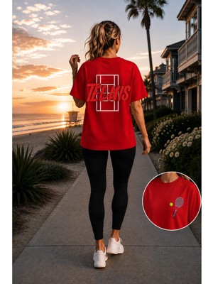 Vodexa Unisex Oversize Tennis Baskılı T-Shirt %100 Pamuk Tenis Temalı Rahat Kalıp Kısa Kollu Tişört