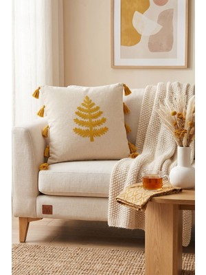 Buldan Natura Ağaç Nakışlı Püsküllü Dekoratif Kırlent Kılıfı – Krem / Kiremit 43×43 cm