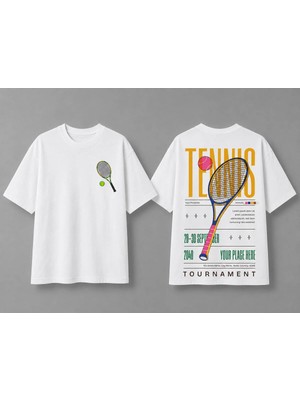 Vodexa Unisex Oversize Tennis Baskılı T-Shirt %100 Pamuk Tenis Temalı Rahat Kalıp Kısa Kollu Tişört