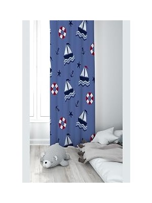 Pelangi Mavi Yelkenli Desenli Dijital Baskı Yıkanabilir Bebek Çocuk Odası Fon Perdesi, Karışık Renkli 140 x 200