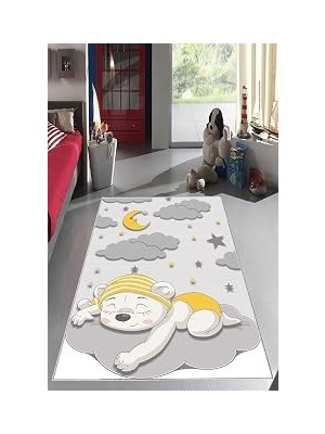 Pelangi Gri Uyuyan Ayıcık Desenli Yıkanabilir Kaymaz Taban Leke Tutmazbebek ve Çocuk Odası Halısı, Gri-Sarı 180 x 280