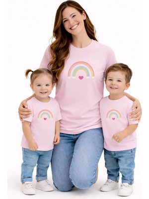 Vodexa Anne Ünisex Çocuk Kombin Oversize Tişört Twin T-Shirt Renkli Çizgiler Baskılı
