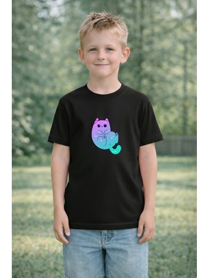 Vodexa Erkek-Kız Mavi Cat Baskılı Çocuk Tişört %100 Pamuk – Unisex Yazlık Çocuk T-Shirt