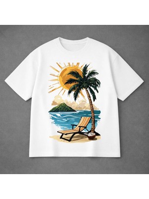 Vodexa Ünisex Oversize T-Shirt Tatil Baskılı %100 Pamuk Tişört Rahat Kalıp