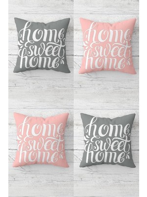 Pelangi Home Sweet Home Yazılı Gizli Fermuarlı Kırlent Kılıfı Koltuk Yastık Kılıfı Takım, Pembe-Gri 45 x 45