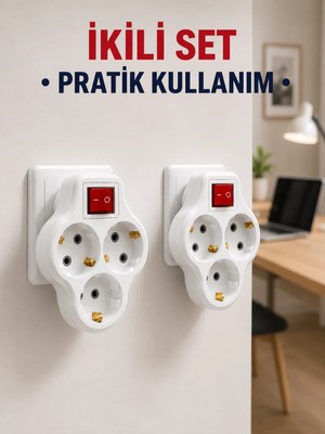 Elif Asya Ceyiz Tekstil Kablosuz 3’lü Priz Çoklayıcı Açma Kapama Anahtarlı Duvar Tipi 2 Adet Set