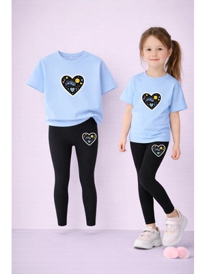 Vodexa Kız Çocuk Takım T-Shirt ve Esnek Tayt Set %100 Pamuk Siyah Kalp Baskı – Rahat Spor Kombin