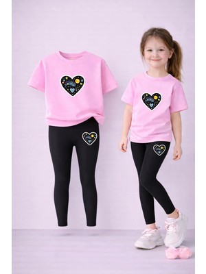 Vodexa Kız Çocuk Takım T-Shirt ve Esnek Tayt Set %100 Pamuk Siyah Kalp Baskı – Rahat Spor Kombin