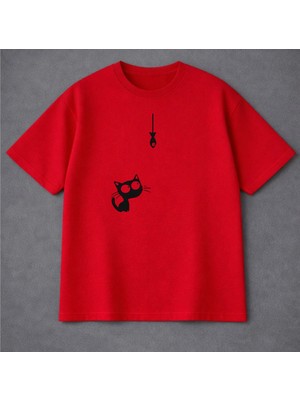 Vodexa Erkek Oversize T-Shirt Avcı Kedi Baskılı %100 Pamuk Tişört Rahat Kalıp