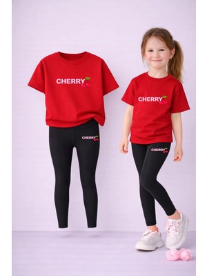 Vodexa Kız Çocuk Takım T-Shirt ve Esnek Tayt Set %100 Pamuk Kiraz Baskı – Rahat Spor Kombin