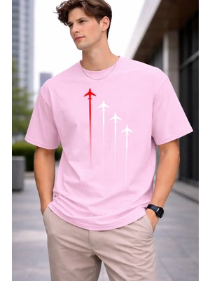 Vodexa Erkek Oversize T-Shirt 4 Uçak Baskılı %100 Pamuk Tişört Rahat Kalıp
