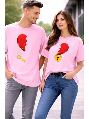 Vodexa Erkek Kadın Kombin Oversize Tişört Twin T-Shirt Anahtarlı Kalp Baskılı Tekli
