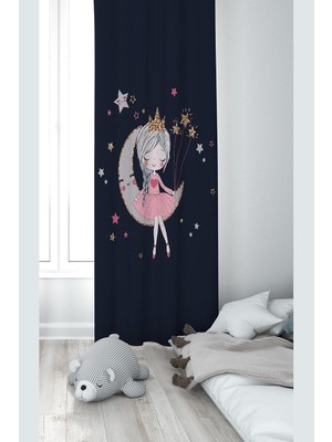 Pelangi Lacivert Fonlu Ayda Oturan Kız Desenli Dijital Baskı Yıkanabilir Bebek Çocuk Odası Fon Perdesi, Lacivert 140 x 200