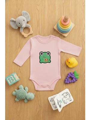 Vodexa Bebek Zıbın Çıtçıtlı Body %100 Pamuk Minik Kurbağa Baskılı
