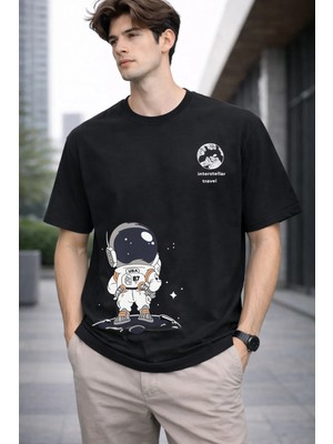 Vodexa Erkek Oversize T-Shirt Travel Astronot Baskılı %100 Pamuk Tişört Rahat Kalıp