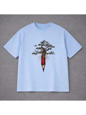 Vodexa Ünisex Oversize T-Shirt Kalem Agaç Baskılı %100 Pamuk Tişört Rahat Kalıp