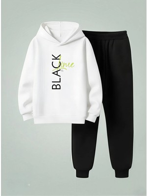 Vodexa Çocuk Erkek Kız Üniseks Kapüşonlu Takım Black Line 3 Iplik Şardonlu Sweatshirt-Eşofman Takım