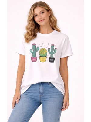 Vodexa Oversize T-Shirt Kaktüs Baskılı %100 Pamuk Tişört Rahat Kalıp