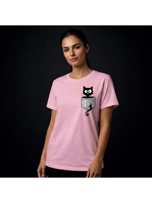 Vodexa Oversize T-Shirt Cepteki Kedii Baskılı %100 Pamuk Tişört Rahat Kalıp