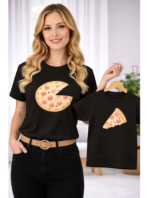 Vodexa Anne Ünisex Çocuk Kombin Oversize Tişört Twin T-Shirt Anne Cocuk Pizza Dilimi Baskılı