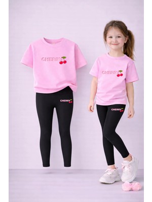 Vodexa Kız Çocuk Takım T-Shirt ve Esnek Tayt Set %100 Pamuk Kiraz Baskı – Rahat Spor Kombin