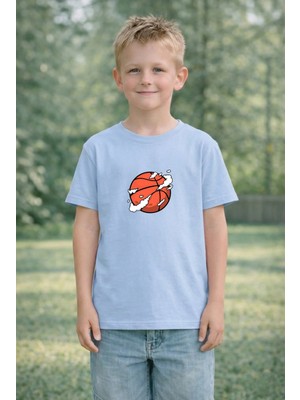Vodexa Erkek Çocuk Havada Basket Topu Baskılı Tişört %100 Pamuk – Kırmızı Unisex Yazlık Çocuk T-Shirt