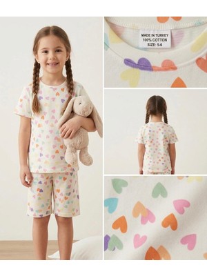 Seply Home Kız Çocuk %100 Pamuk Renkli Kalp Desenli Kısa Kollu Şortlu Pijama Takımı