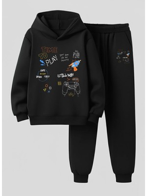 Vodexa Kapüşonlu Çocuk Erkek Time Baskılı 3 Iplik Şardonlu Sweatshirt-Eşofman Takım