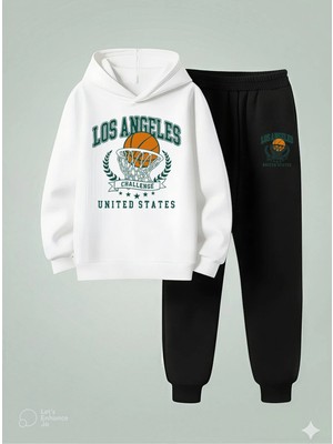 Vodexa Çocuk Erkek Kapüşonlu Los Angeles Baskılı 3 Iplik Şardonlu Sweatshirt-Eşofman Takım
