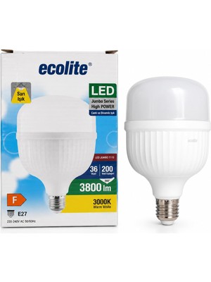 Ecolite 36W LED Ampul – 200W Eşdeğeri | E27 Duy, 3000K Sarı Işık, 3800 Lümen | Enerji Tasarruflu Jumbo LED Ampul | Ac 220V, 166X115MM
