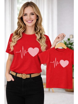 Vodexa Anne Ünisex Çocuk Kombin Oversize Tişört Twin T-Shirt Anne Cocuk Kalpli Baskılı Tekli