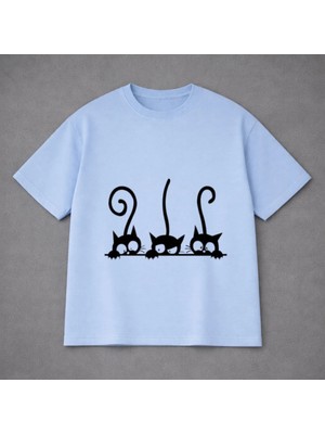 Vodexa Ünisex Oversize T-Shirt 3 Kedi Baskılı %100 Pamuk Tişört Rahat Kalıp